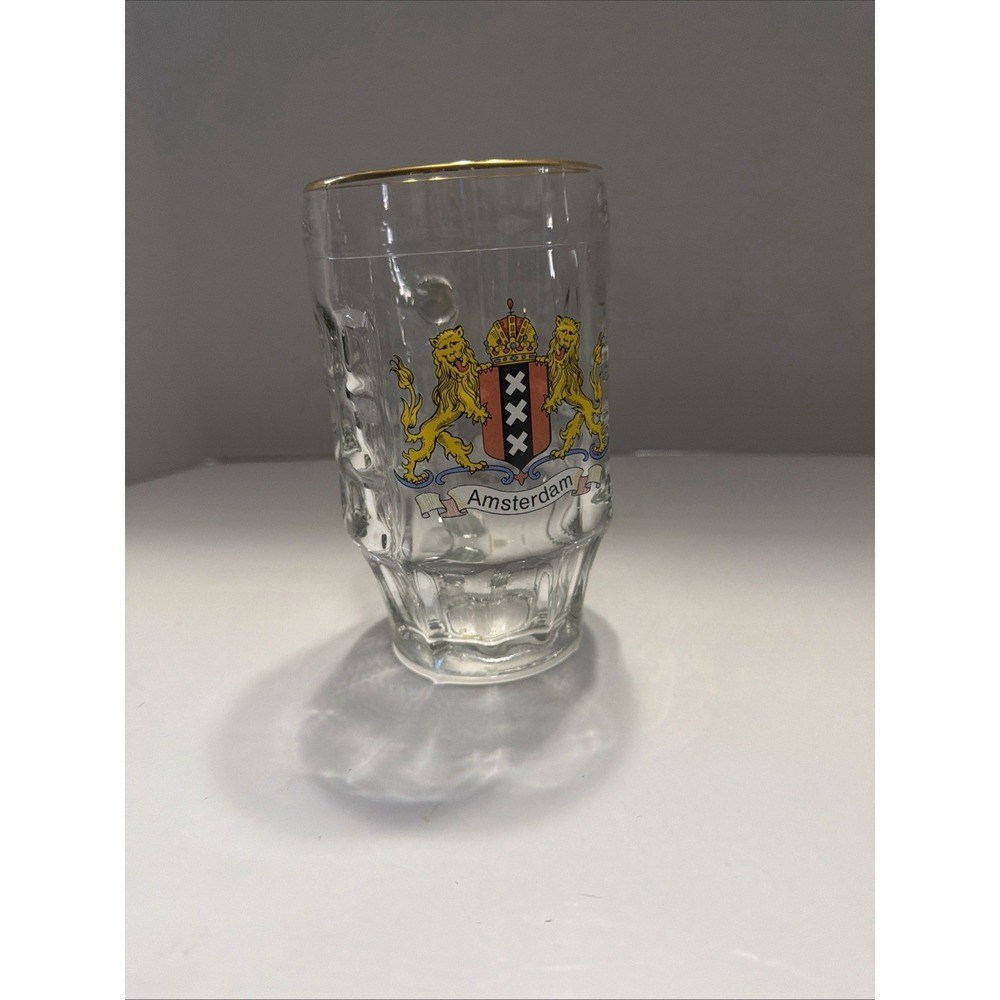 Amsterdam Beer Mug Dimpled Glass Gold Rim Coat of Arms Lions Souvenir Stein